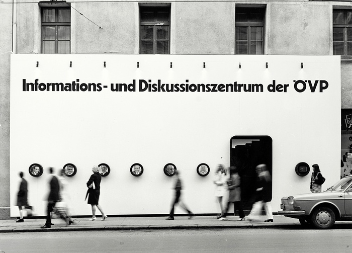Eon Rainer, Fassade der ÖVP-Wahlkampfzentrale am Bozner Platz in Innsbruck, 1970