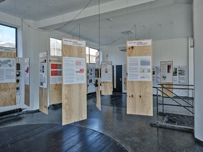 Blick in die Ausstellung im aut – Schilderwald "geld macht raum" – © Günter Richard Wett Blick in die Ausstellung im aut – Schilderwald "geld macht raum"