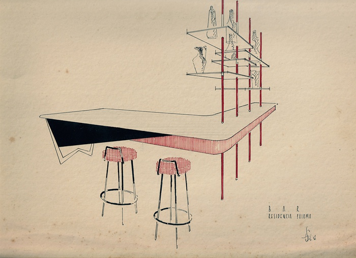 Skizze für Innenausstattung Residencia Paloma, Ehrentraut Schott, 1956