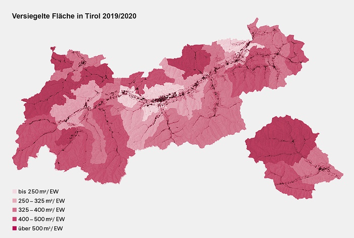Versiegelte und bebaute Fläche je Einwohner*in im Planungsverband, 2019/20