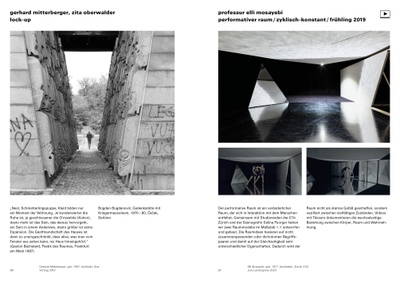 Doppelseite aus der Publikation mit den Beiträgen von Gerhard Mitterberger / Zita Oberwalder und Professur Elli Mosayebi