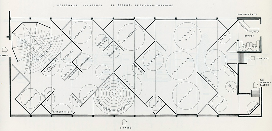 21. Österreichische Jugendkulturwoche Innsbruck,
Stellplan Ausstellungsarchitektur in der Messehalle – © transparent, 1970 21. Österreichische Jugendkulturwoche Innsbruck,
Stellplan Ausstellungsarchitektur in der Messehalle