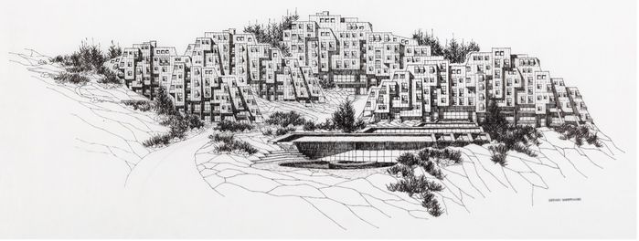 Bebauungsstudie Sportgastein - Hotel Perspektivische Ansicht in Landschaft, Gerhard Garstenauer, 1973